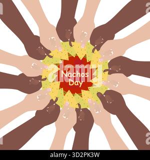 Triangular corn and spinach Nachos in Human hands around bowl with hot salsa sauce and International Nachos Day Text Mexican Fast Food promo Card Design element idea. Promo Vector illustration Isolate Stock Vector
