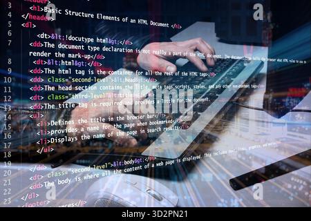 Close up to a male hands writing on a keyboard a HTML code composition Stock Photo