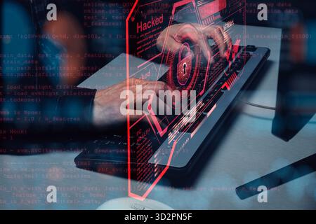 Close up to a male hands writing on a keyboard with a security warning padlock program double exposition image on a hacker concept Stock Photo