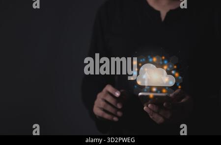 Young man with smartphone mobile hand touching to cloud computing diagram, Data storage, Cloud technology, Cloud Computing Storage Stock Photo