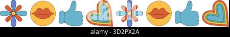 Groovy Y2K Seamless Border With Heart Emoji Pattern Stock Vector
