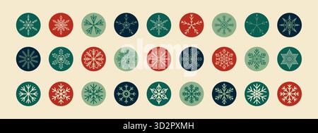 Flat Round Snow Flake Sticker Collection Set Stock Vector