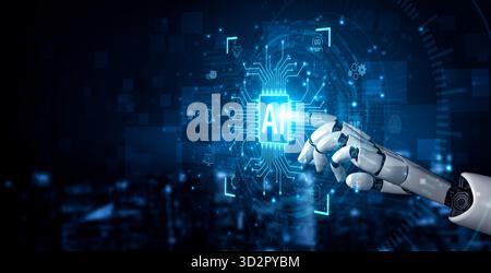 A generative AI assistant displays its integration platform. The system's core processor automates business processes like chatbot services and contra Stock Photo