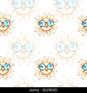 Refreshing summer seamless pattern background featuring cheerful suns with sunglasses and palm trees, perfect for beach theme wallpapers and festive Stock Vector