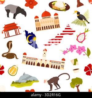Malaysian cultural icons, landmarks, wildlife, and traditional foods arranged in a seamless repeating pattern, ideal for backgrounds and travel themes, isolated on white background vector illustration Stock Vector