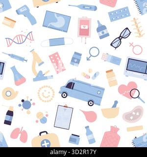 Colorful seamless pattern featuring various medicine, healthcare, and hospital equipment on a white background, ideal for medical design and educational projects, isolated on white background vector illustration Stock Vector