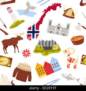 Traditional Norwegian icons including flag, Viking helmet, moose, mountains, food, and architecture arranged in a seamless pattern, isolated on white background vector illustration Stock Vector