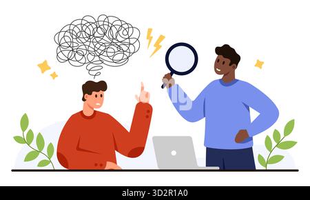 Two people discussing mental health, one feeling confused and the other offering support with a magnifying glass, representing therapy and emotional help, isolated on white background vector illustration Stock Vector