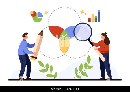 Two people analyze overlapping circle chart with pencil and magnifier, representing teamwork, data analysis, and business management, isolated on white background vector illustration Stock Vector
