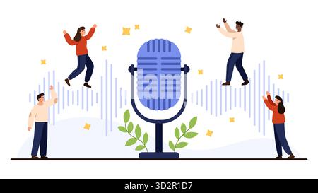 Large blue microphone with audio waves, people celebrating around, symbolizing podcasting, broadcasting, and audio content creation, isolated on white background vector illustration Stock Vector
