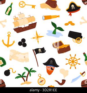 Colorful pirate seamless pattern featuring ships, treasure, anchors, maps, pirate hats, and nautical elements isolated on white background vector illustration Stock Vector