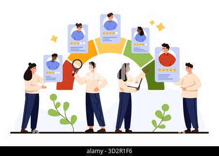 Team managers assessing employee profiles with star ratings, highlighting performance review, evaluation, and feedback process in a modern workplace vector illustration Stock Vector