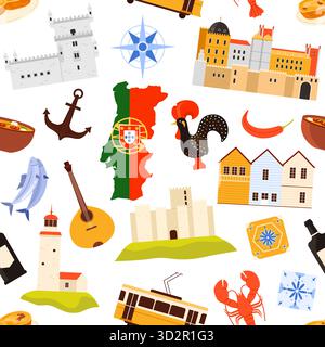 Traditional Portuguese icons including landmarks, food, map, rooster, tram, and tiles arranged in a colorful seamless pattern on white background vector illustration Stock Vector