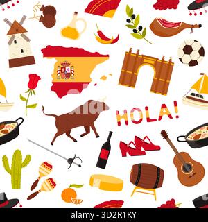 Spanish culture icons including bull, map, food, guitar, wine, and traditional elements arranged in a seamless pattern for travel and heritage themes vector illustration Stock Vector