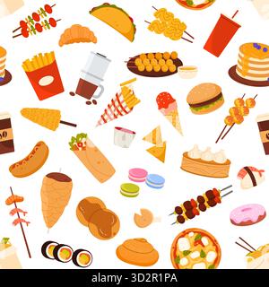 Colorful seamless pattern featuring various street food items like burgers, sushi, tacos, fries, coffee, and desserts, isolated on white background vector illustration Stock Vector