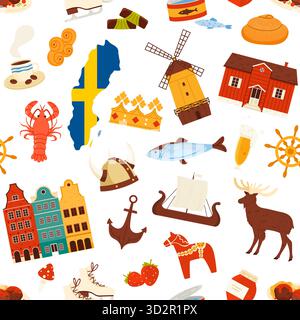 Swedish cultural icons including map, food, animals, and landmarks arranged in a seamless repeating pattern, ideal for backgrounds and travel themes, isolated on white background vector illustration Stock Vector
