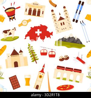 Swiss culture and travel elements including mountains, cheese, chocolate, trains, and landmarks arranged in a seamless pattern on white background vector illustration Stock Vector