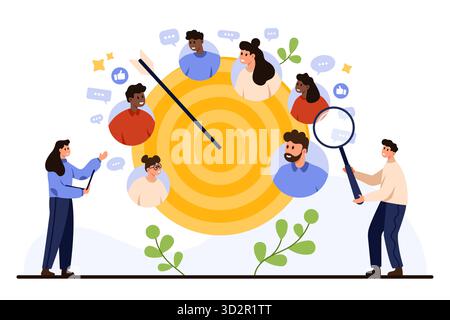 Business people analyzing target audience with a dartboard, diverse user profiles, and social media icons, representing marketing strategy and customer research vector illustration Stock Vector