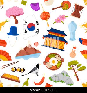 Traditional Korean icons, food, landmarks, and symbols arranged in a seamless pattern, highlighting South Korea culture and heritage, isolated on white background vector illustration Stock Vector