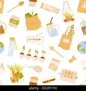 Reusable bags, eco utensils, glass jars, soap, and plants arranged in a seamless zero waste pattern for sustainable living and environmental awareness isolated on white background vector illustration Stock Vector