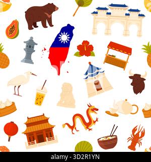 Traditional Taiwan icons including food, landmarks, animals, and national symbols arranged in a seamless pattern for cultural and travel themes, isolated on white background vector illustration Stock Vector