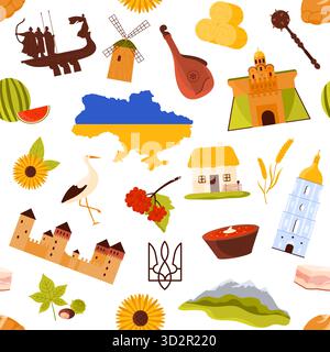 Traditional Ukrainian elements including map, landmarks, food, and cultural icons arranged in a seamless pattern, ideal for heritage and travel themes, isolated on white background vector illustration Stock Vector