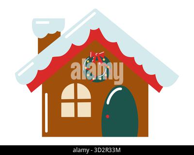 Flat style gingerbread house with snowy roof, chimney, window and festive wreath. Hand drawn vector isolated illustration. Stock Vector