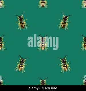 Bees, funny seamless pattern on green background. For children clothes, fabrics, wrapping paper. Vector Stock Vector