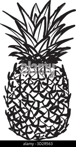 Stylized tropical pineapple with textured surface, Handdrawn pineapple sketch featuring striking contours and detailed. Black and white vector hand-drawn illustration in line art style. Stock Vector
