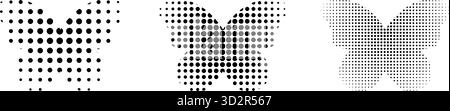 Set of dotted butterfly shapes. Collection of trendy machaon or monarch forms with halftone or grainy texture isolated on white background. Vector graphic illustrations. Stock Vector
