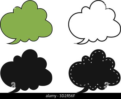 Set of cute cartoon speech clouds in doodle style. Dialogue bubbles, text boxes, quotation frames, message tags and question labels isolated on white background. Vector graphic illustration. Stock Vector