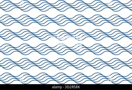 Sea or ocean waves. Repeated blue curvy lines on white background. Water print. Aqua texture. Maritime ornament. Summer wallpaper. Swimming pool pattern. Vector flat illustration. Stock Vector