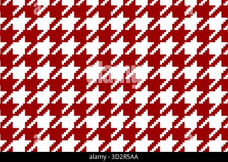 Red and white pixel houndstooth pattern. Puppy tooth background. Checkered textile texture. Scarf or cloth fabric print. Retro tweed textile design. Modern ornament. Vector graphic illustration. Stock Vector