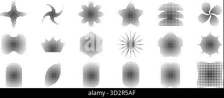 Set of trendy black shapes with pixel, halftone or grainy texture isolated on white background. Dotted star and flower, arch and petal, crown and sun modern y2k forms. Vector graphic illustration. Stock Vector