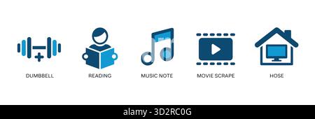 Collection of vector icons depicting different leisure activities and technology use Stock Vector