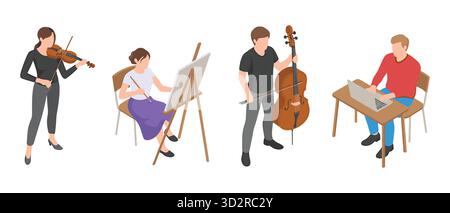 Diverse creative professions isometric illustration of people engaged in artistic pursuits Stock Vector