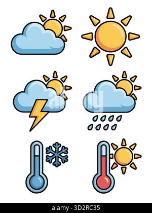Weather forecast icons showing sun cloud rain lightning and temperature Stock Vector