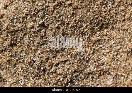 Detailed macro texture of brown beach sand background. This natural, grainy, and coarse surface creates calm, earthy, and abstract feeling for any des Stock Photo