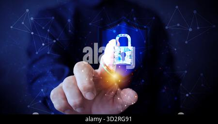Cybersecurity concept showing hand touching digital lock icon with network connections representing data protection, privacy, secure communication, on Stock Photo
