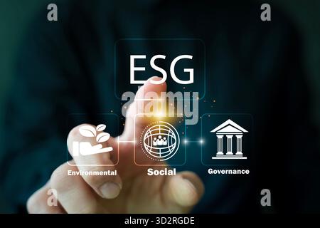 ESG concept with icons representing environmental social and governance for corporate sustainability, ethical investment, and responsible business pra Stock Photo
