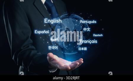 A business professional holds a glowing globe displaying various languages, symbolizing global communication, cultural diversity, and connectivity in Stock Photo