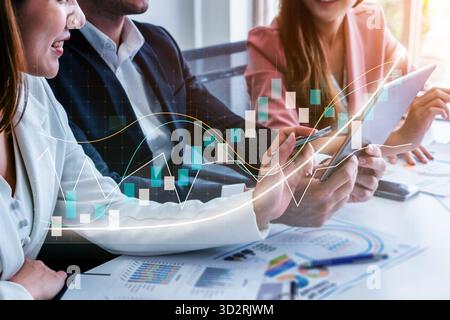 A group of business professionals engages in a collaborative meeting, analyzing data and discussing strategies with graphs and charts overlaid. Impute Stock Photo