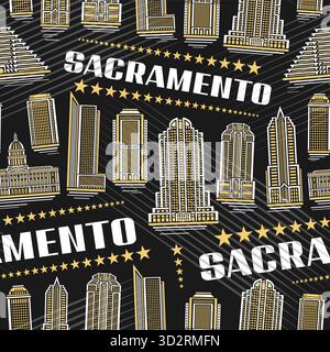 Vector Sacramento Seamless Pattern, square background with line illustration of dusk sacramento city scape on dark backdrop for bed linen, decorative Stock Vector