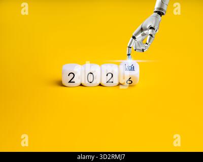 Futuristic concept of business growth in 2026 with robotic hand touching dice showing a chart icon. Represents AI assistant, technology trends, automa Stock Photo
