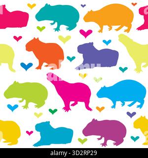 Colorful capybara seamless background with hearts Stock Vector