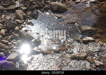 Magical sparkling reflection of bright light on calm water surface. This serene, abstract nature background with glimmering puddle among rocks evokes Stock Photo