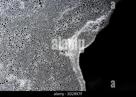 White foam bubbles create an intricate textured surface against deep black background. delicate, frothy suds form an abstract pattern, evoking sense o Stock Photo