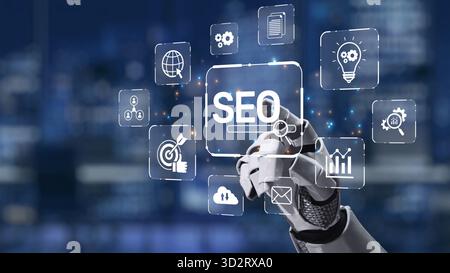 A futuristic robotic hand engages with various digital icons representing SEO concepts, showcasing the intersection of technology with modern marketin Stock Photo