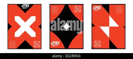 Set of Three Modern Geometric Posters with Red, Black, and White Abstract Designs Stock Vector