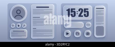 Liquid glass UI kit with neomorphism profile card, text document panel, digital clock widget, search bar and circular icon buttons. Soft shadow interface components for mobile or web applications. Stock Vector